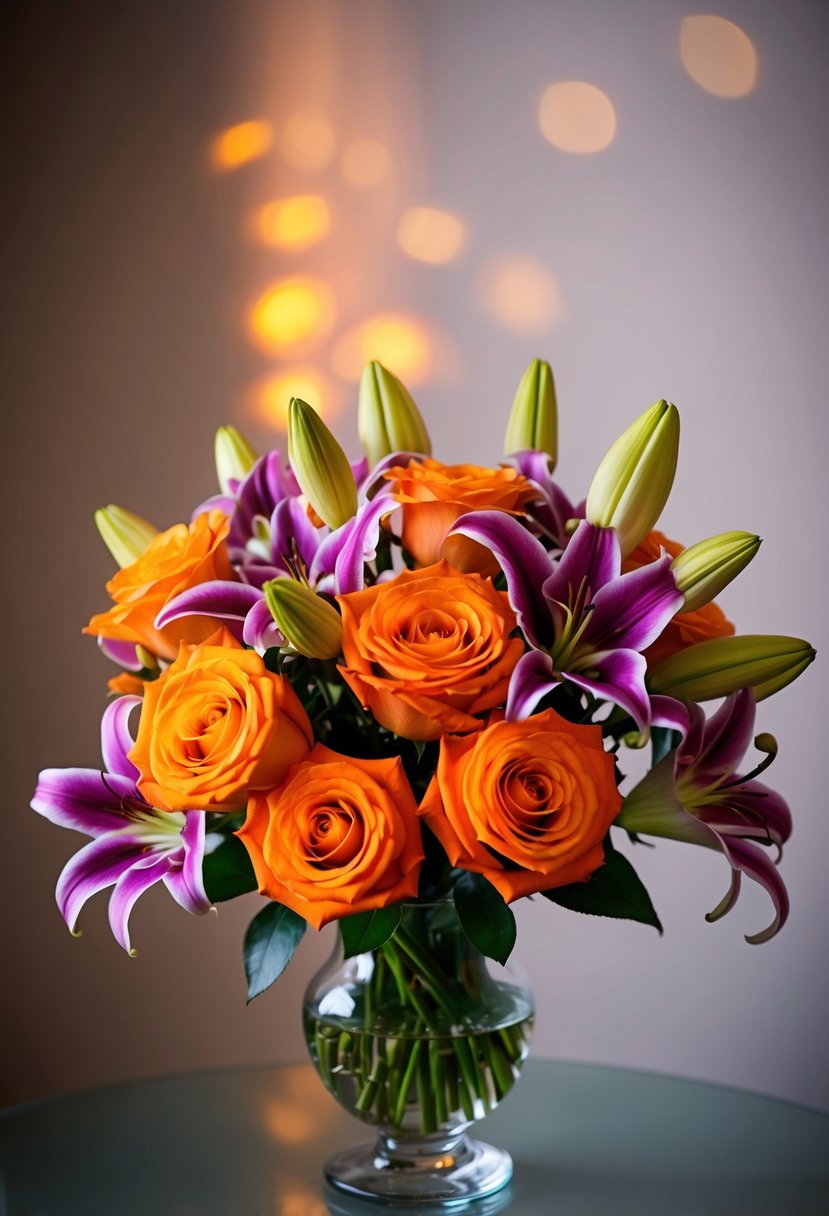 A bouquet of orange roses and purple lilies arranged in a glass vase, with soft lighting casting a warm glow on the flowers