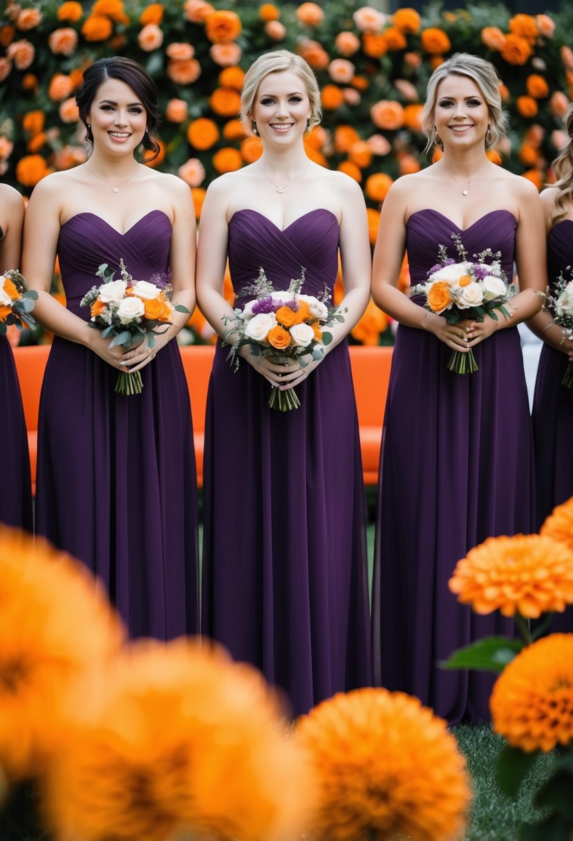 Elegant eggplant purple bridesmaid dresses against a backdrop of vibrant orange flowers and decor at a wedding