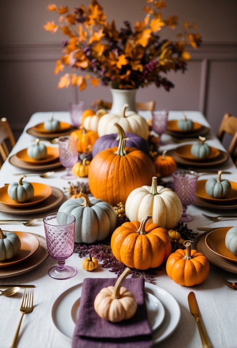 A cozy fall table setting with muted orange and purple accents, featuring rustic decor like pumpkins, gourds, and autumn leaves