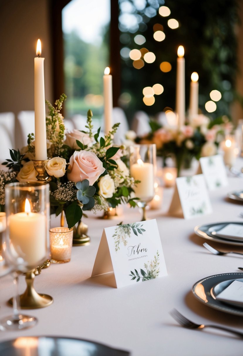 A table adorned with elegant place cards, each uniquely designed to match the wedding theme, surrounded by floral centerpieces and soft candlelight