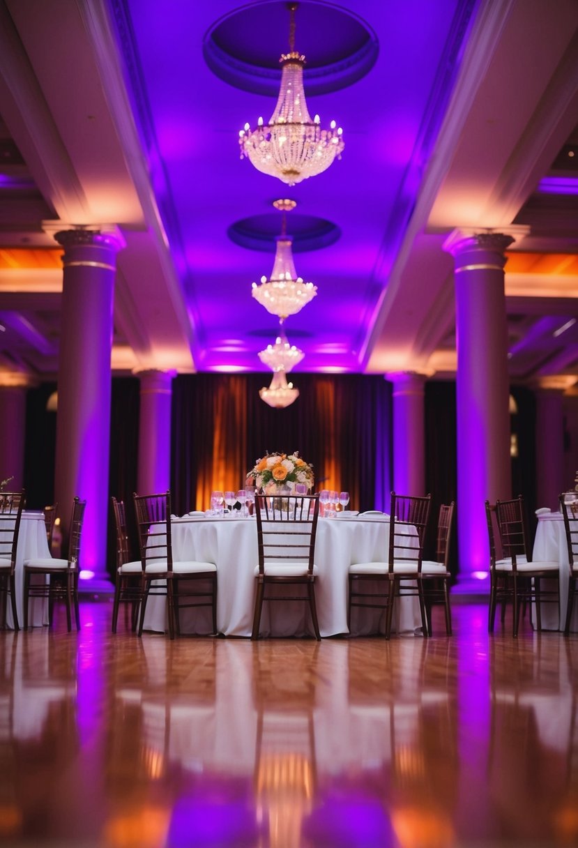 The grand ballroom is bathed in purple uplighting, casting a regal atmosphere. Hints of orange accents add warmth to the elegant setting