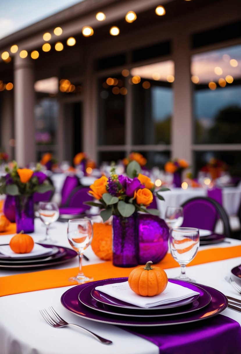 A chic table setting with purple and orange decor for a wedding