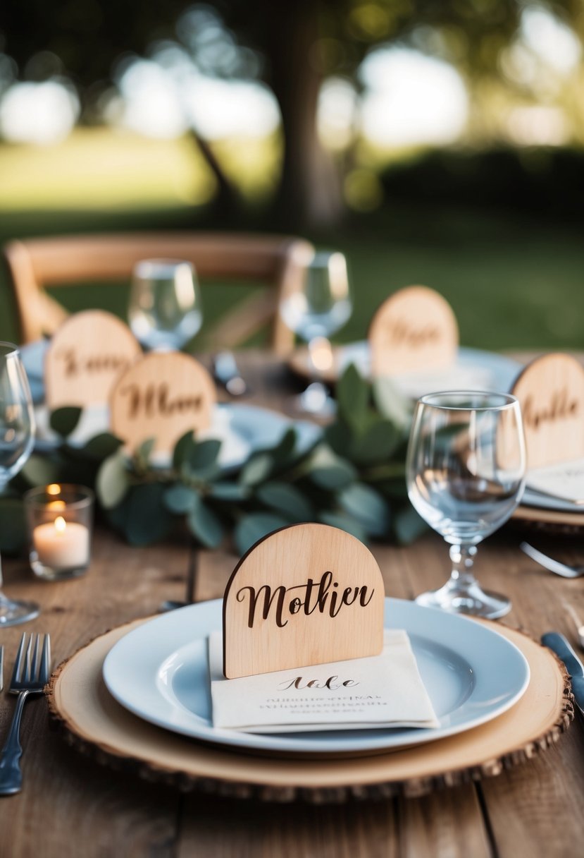 A rustic table setting with wooden name cutouts as wedding place cards