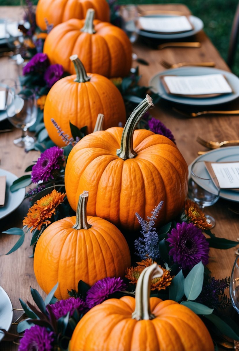 Vibrant orange pumpkins arranged with purple flowers and foliage for an autumn wedding centerpiece