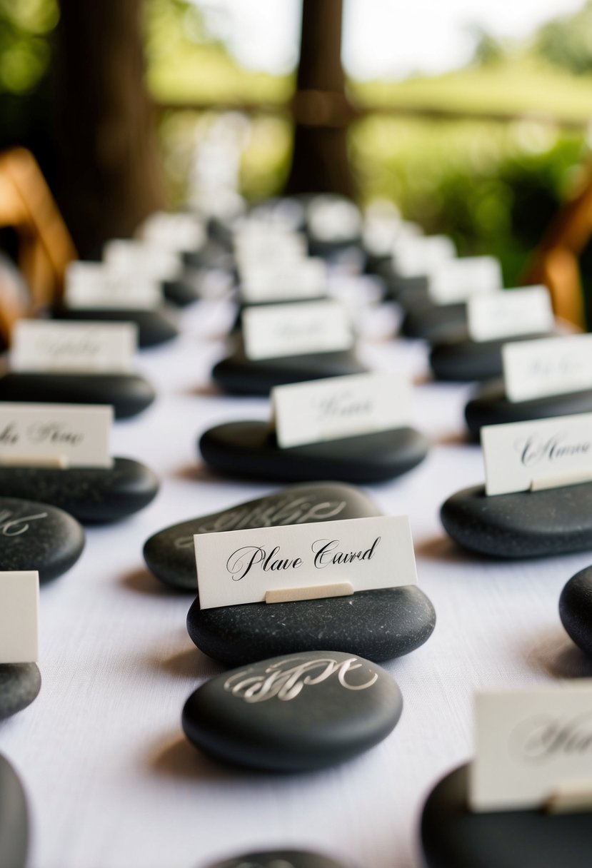 Smooth river stones with elegant calligraphy arranged on a table for wedding place cards