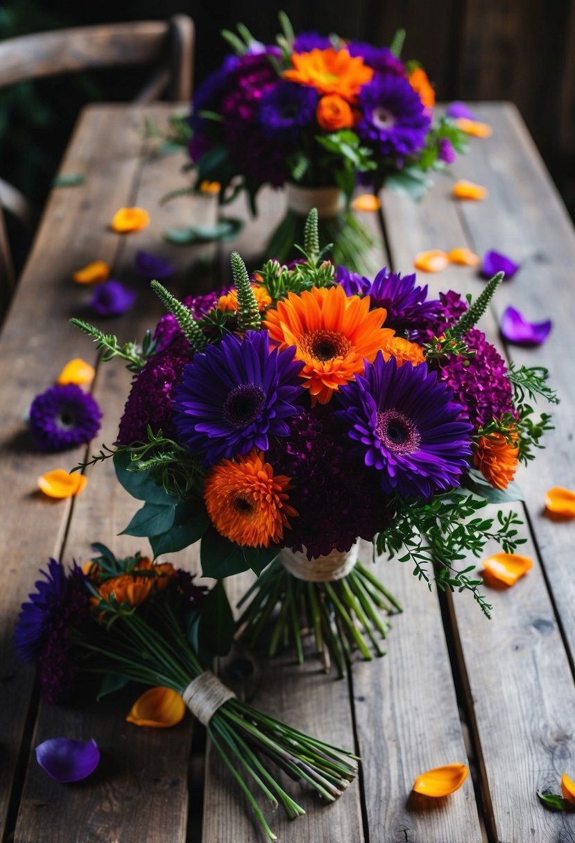 A rustic wooden table adorned with vibrant, handmade bouquets featuring deep purple and orange flowers, surrounded by scattered petals and greenery