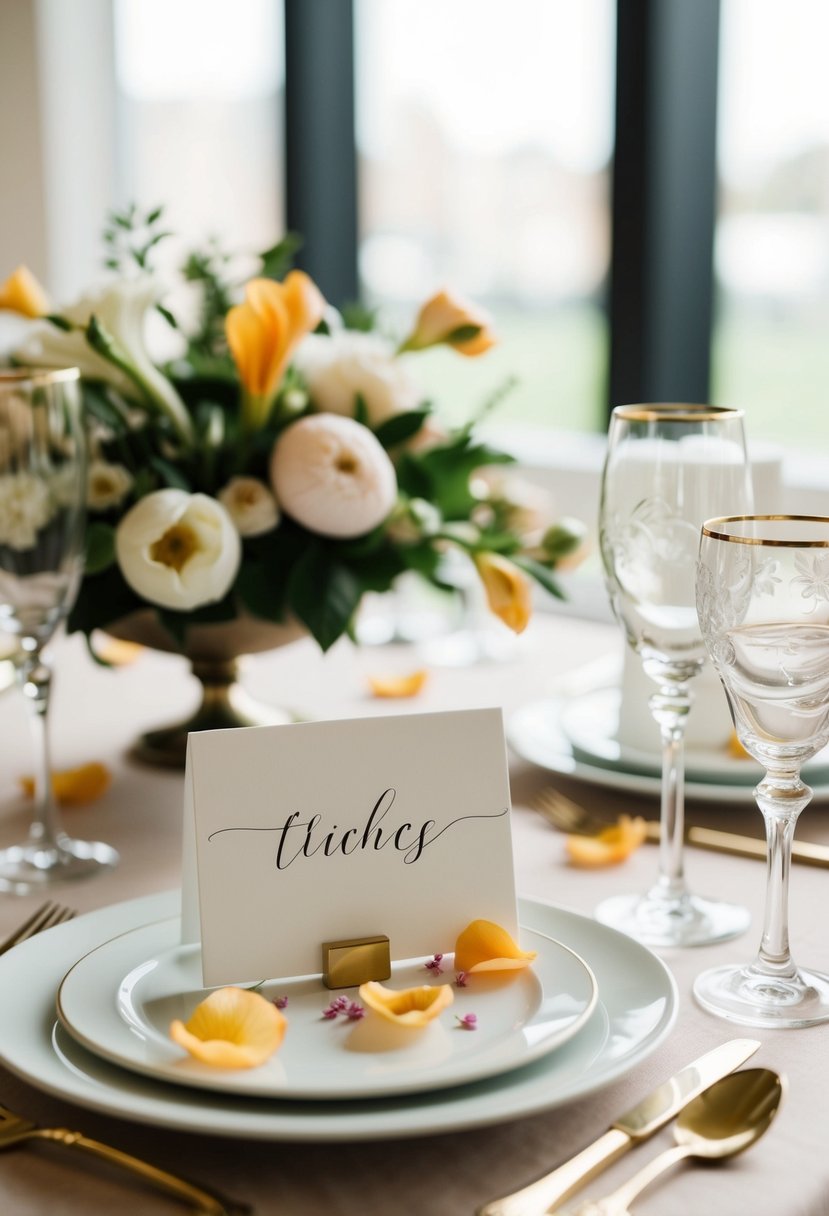 A table set with elegant place cards adorned with delicate fresh flower petals