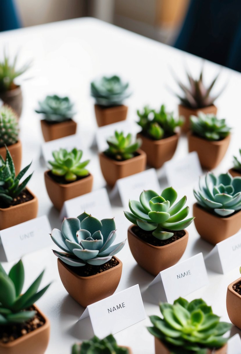 Mini succulent plants arranged on a table, with small name cards nestled among them