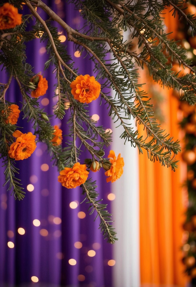 Manzanita branches adorned with burnt orange flowers, set against a backdrop of purple and orange wedding decor