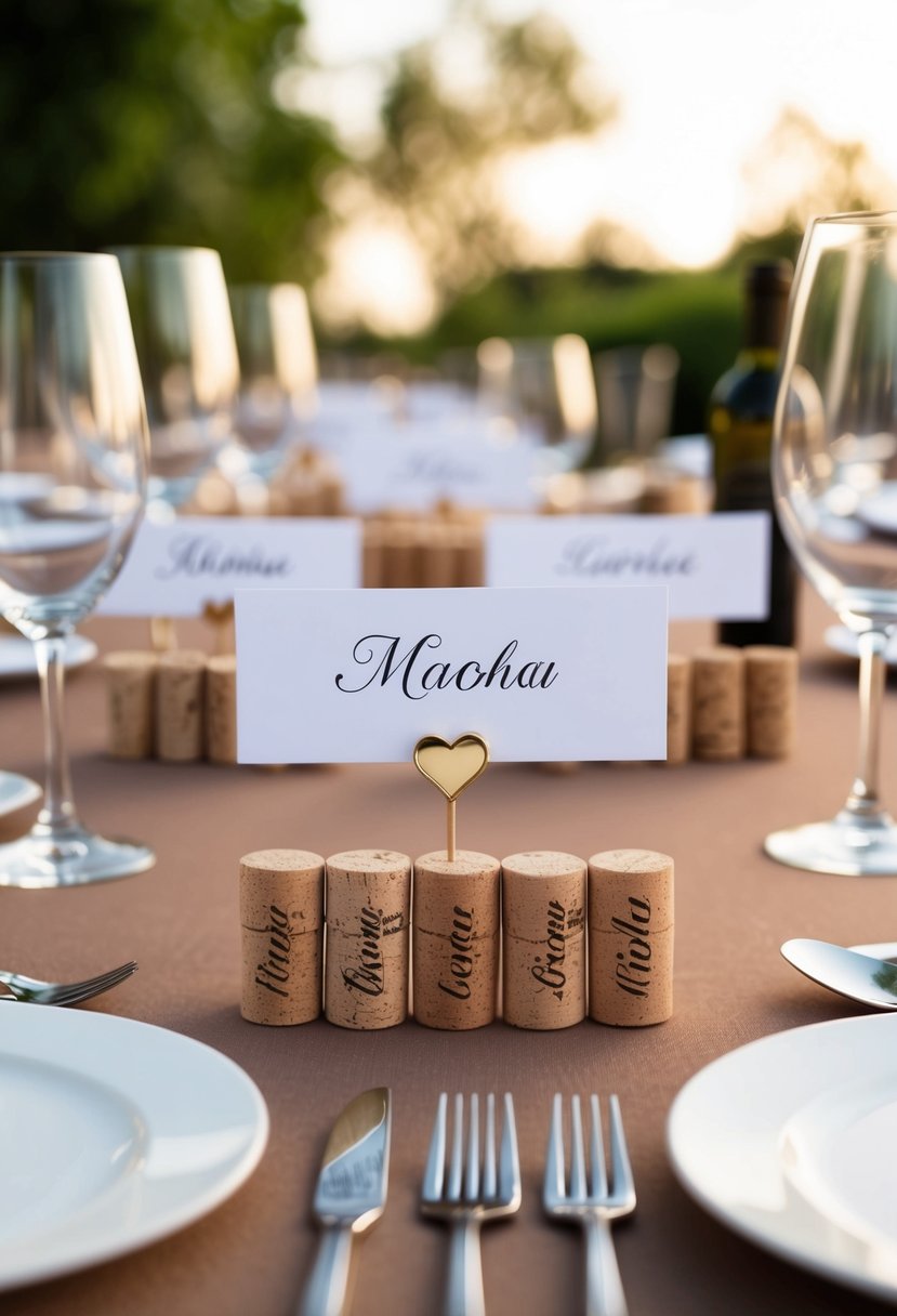 A table set with personalized wine corks as wedding place cards, arranged neatly in front of each place setting