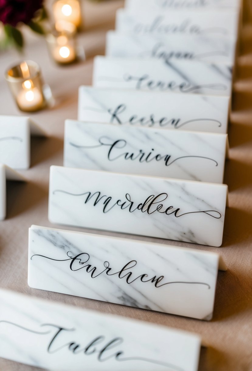 A set of marble tile cards arranged in a neat row, each with elegant calligraphy indicating a wedding guest's name and table assignment