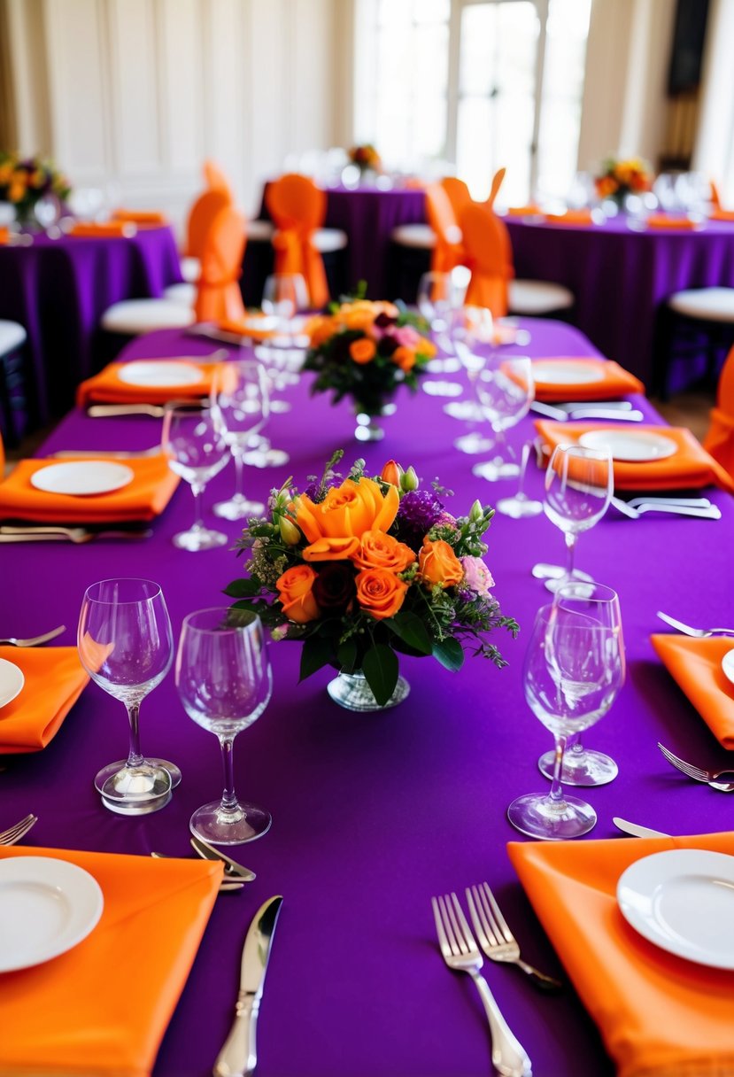 A table set with luxurious purple linens and vibrant orange napkins, creating a bold and elegant color scheme for a wedding