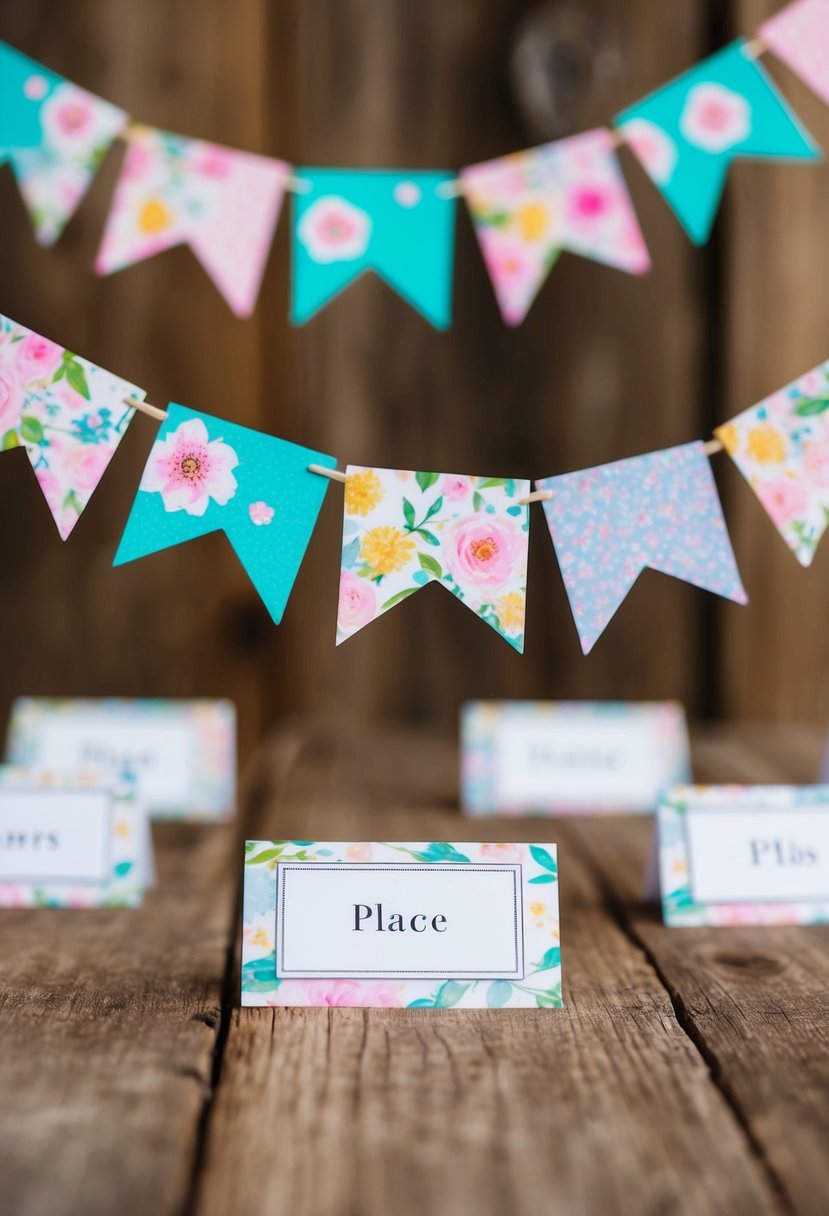 Colorful washi tape banners hang above place cards on a rustic wooden table. Delicate floral patterns and pastel hues create a whimsical and romantic atmosphere