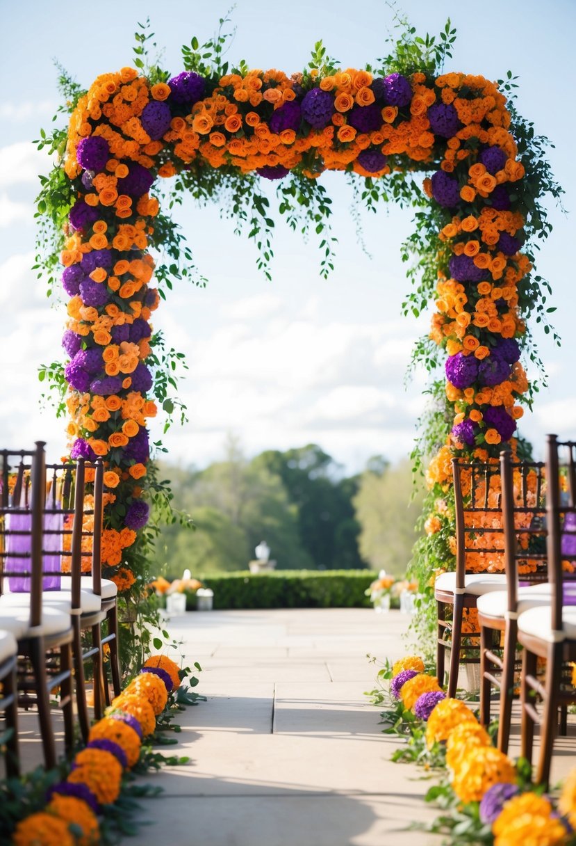 An archway adorned with orange and purple flowers, creating a vibrant and romantic setting for a wedding