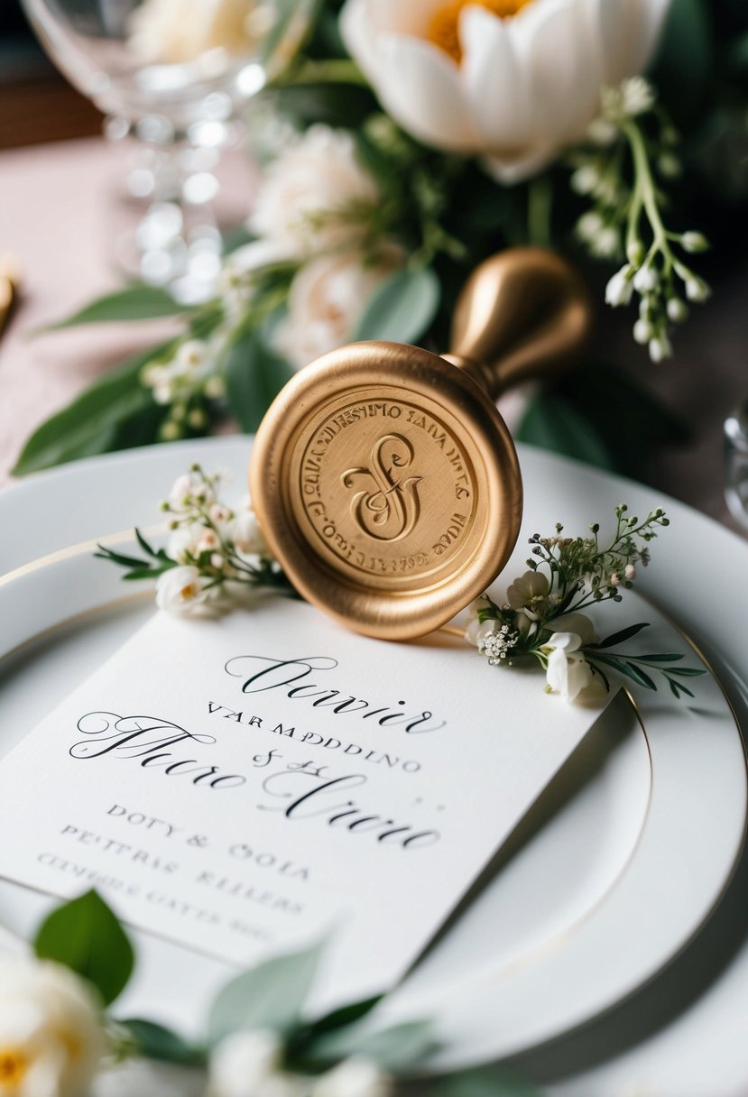 An ornate wax seal adorns a wedding place card, surrounded by delicate floral accents and elegant calligraphy