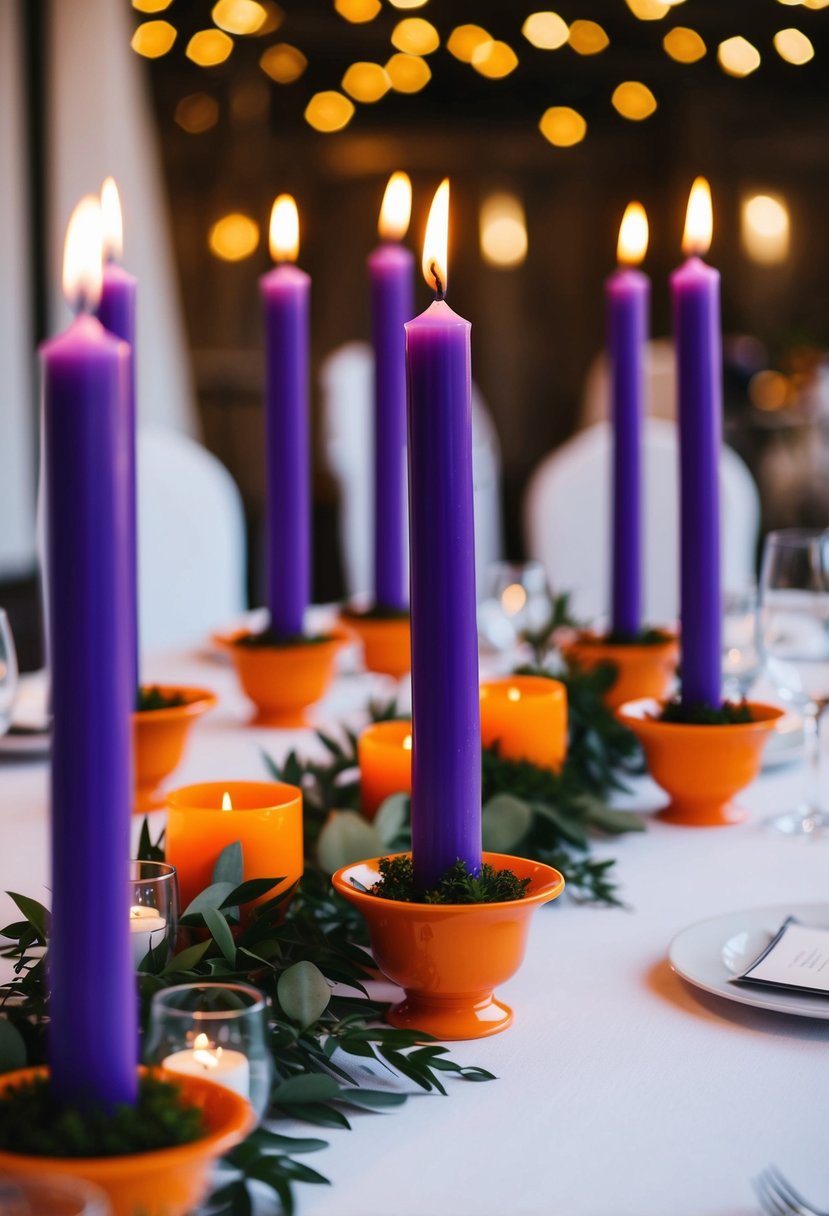 Purple candles in orange holders arranged on a table for a wedding centerpiece