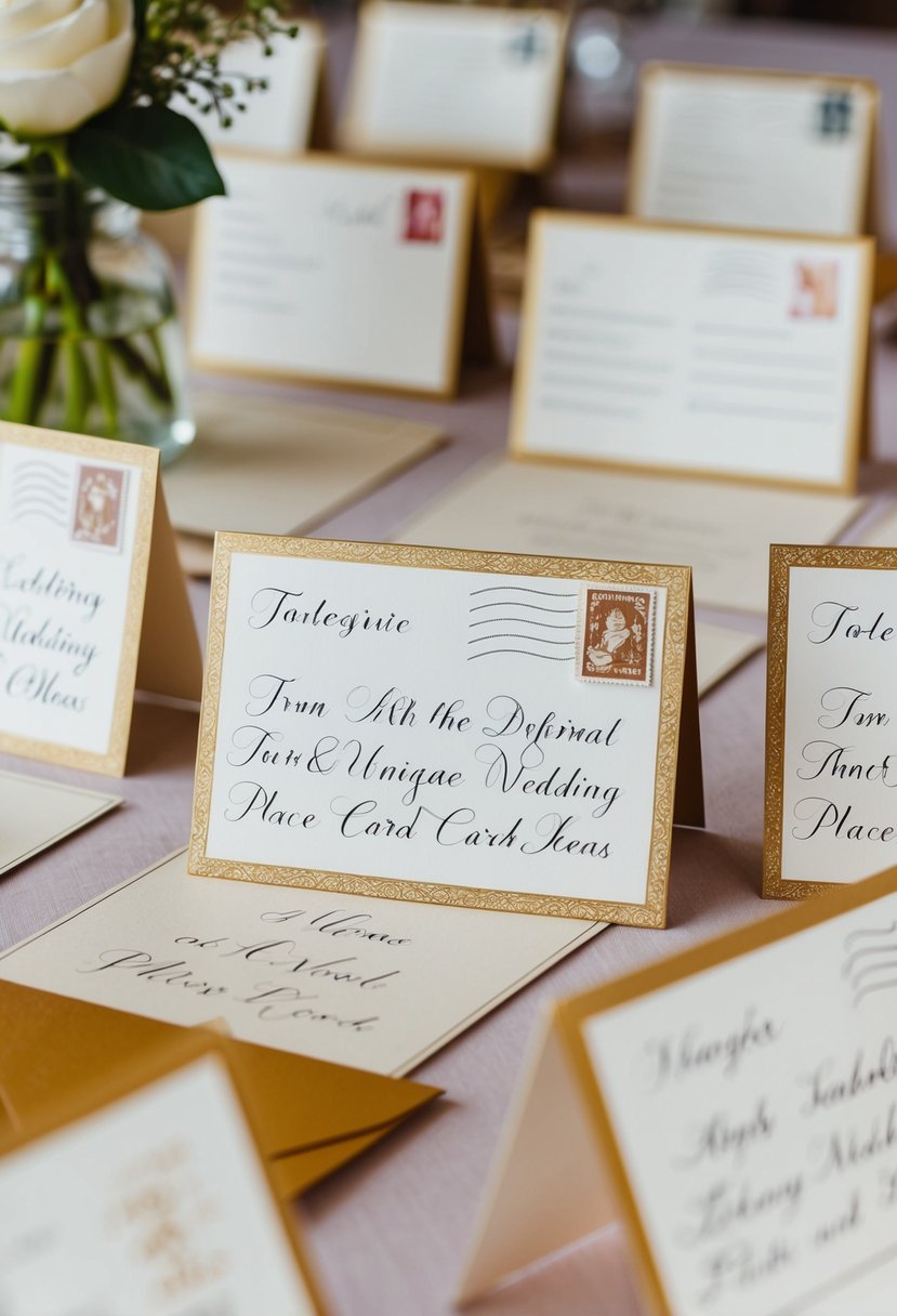 A collection of vintage postcards arranged on a table with elegant calligraphy, serving as unique wedding place card ideas