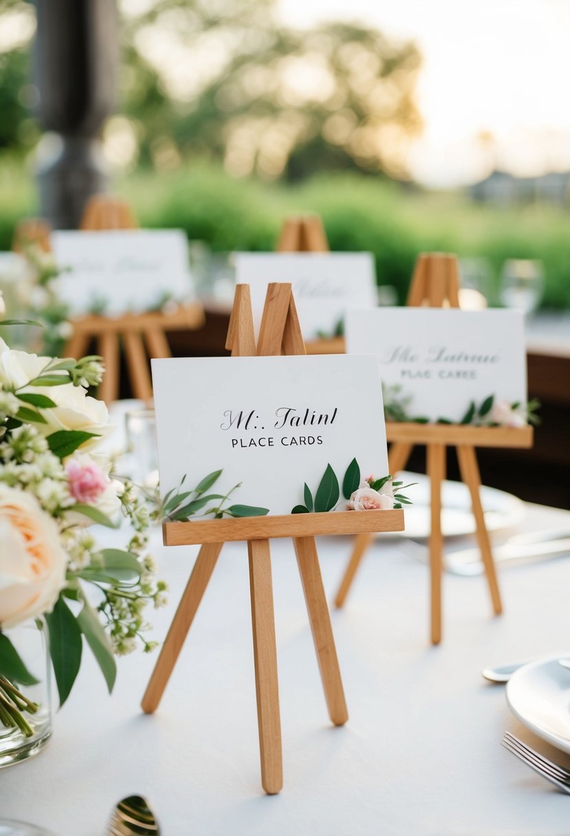 Mini easels holding wedding place cards arranged on a table with floral decor