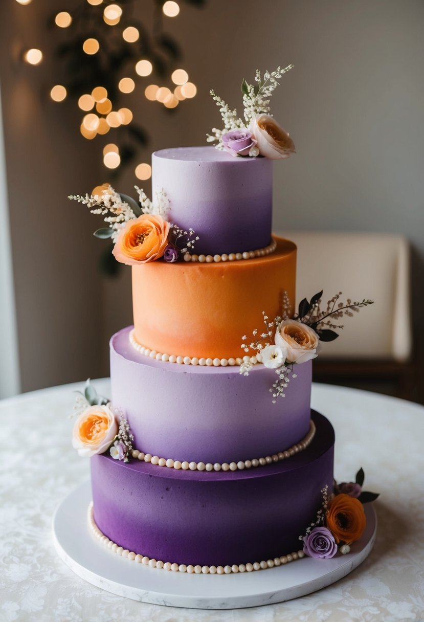 A three-tiered ombre cake with shades of purple and orange, adorned with delicate floral decorations and shimmering edible pearls