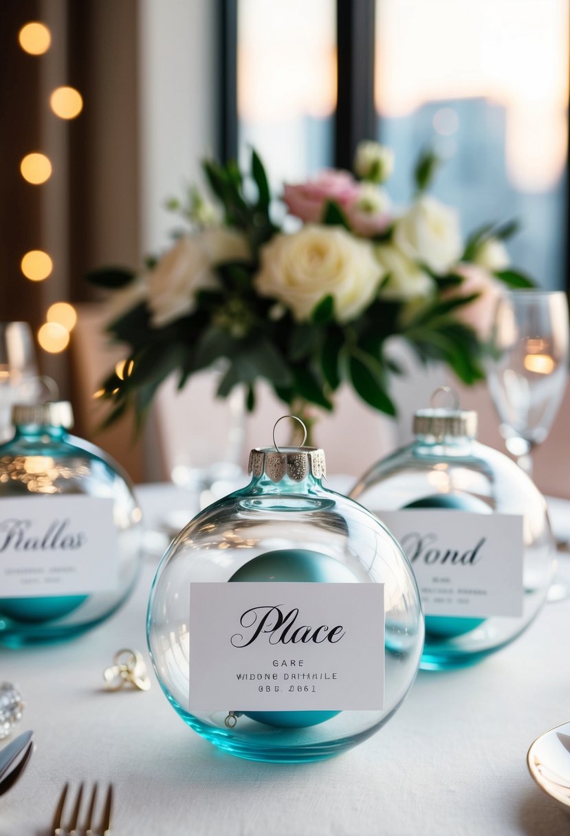 Glass ornaments arranged as wedding place cards on a table with floral decor and soft lighting