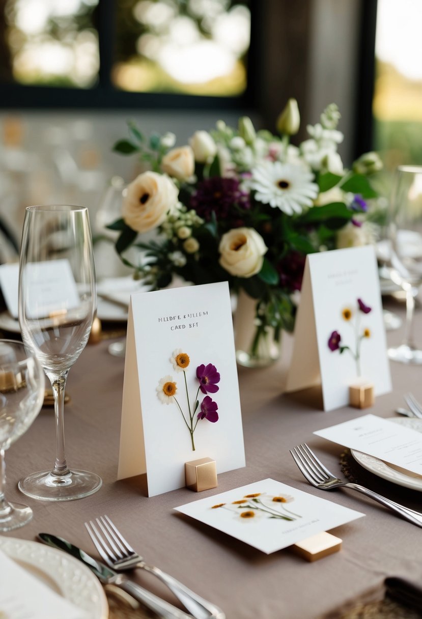 A table set with elegant pressed flower cards for wedding place settings