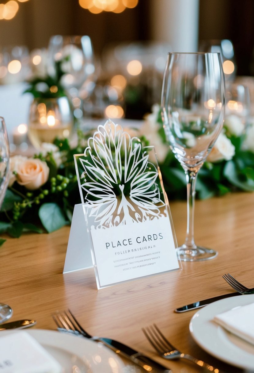 Laser-cut acrylic place cards arranged on a beautifully decorated wedding reception table