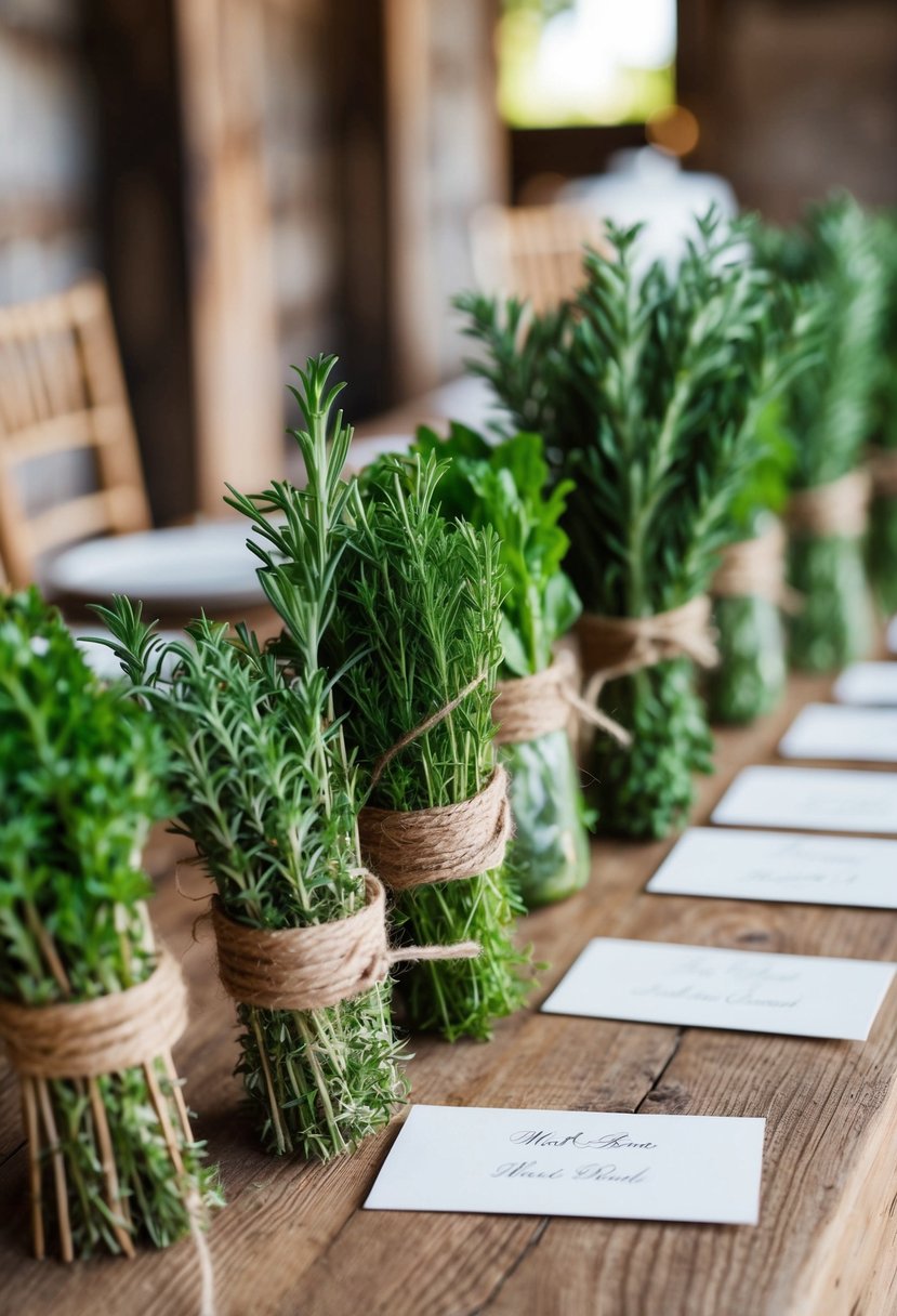 A rustic table with herb bundles tied with twine, arranged as wedding place cards