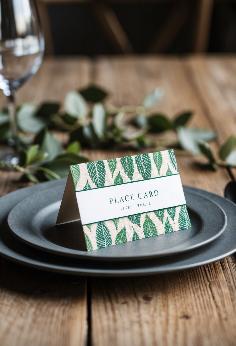 A burlap place card with leaf print, set on a rustic wooden table with scattered foliage and soft natural lighting