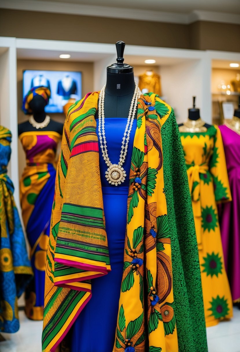 Vibrant African fabrics draped over mannequins in a boutique display, showcasing traditional wedding guest attire