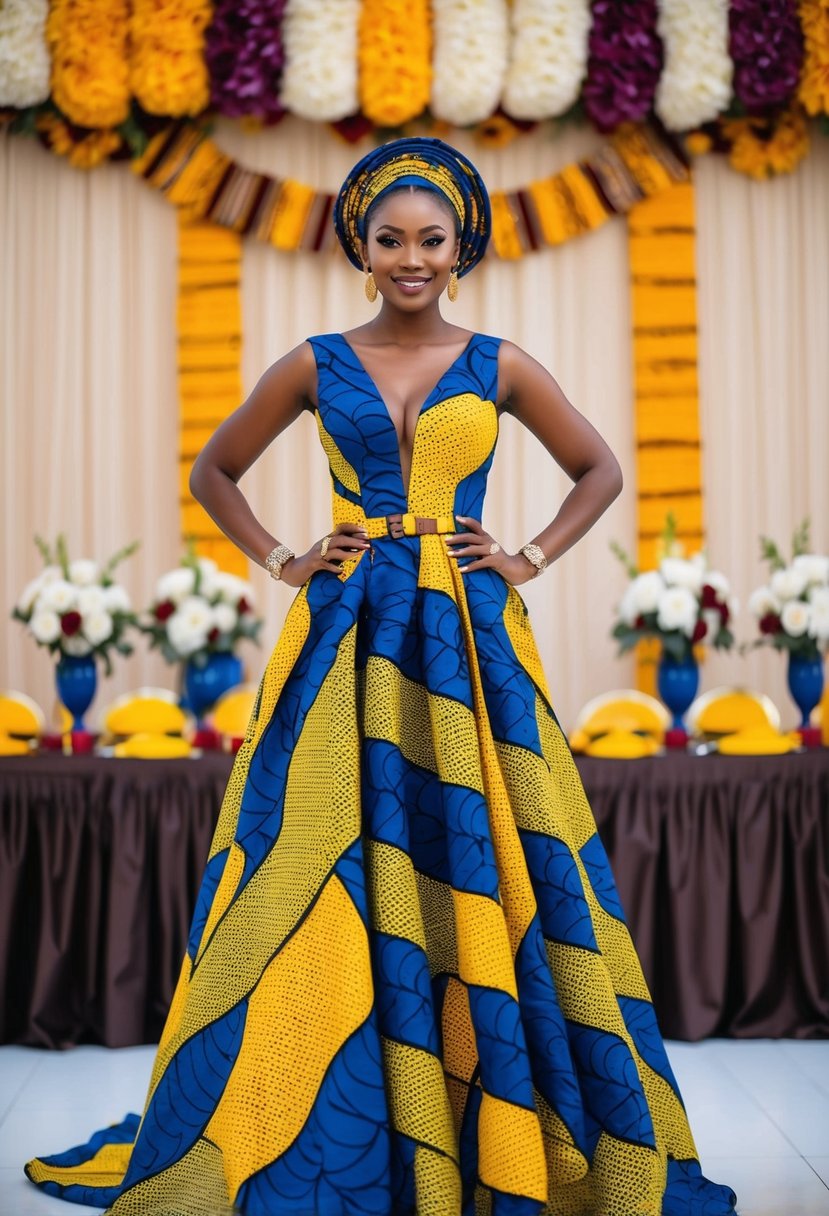 A vibrant Ankara gown with bold patterns stands out against a backdrop of traditional African wedding decor