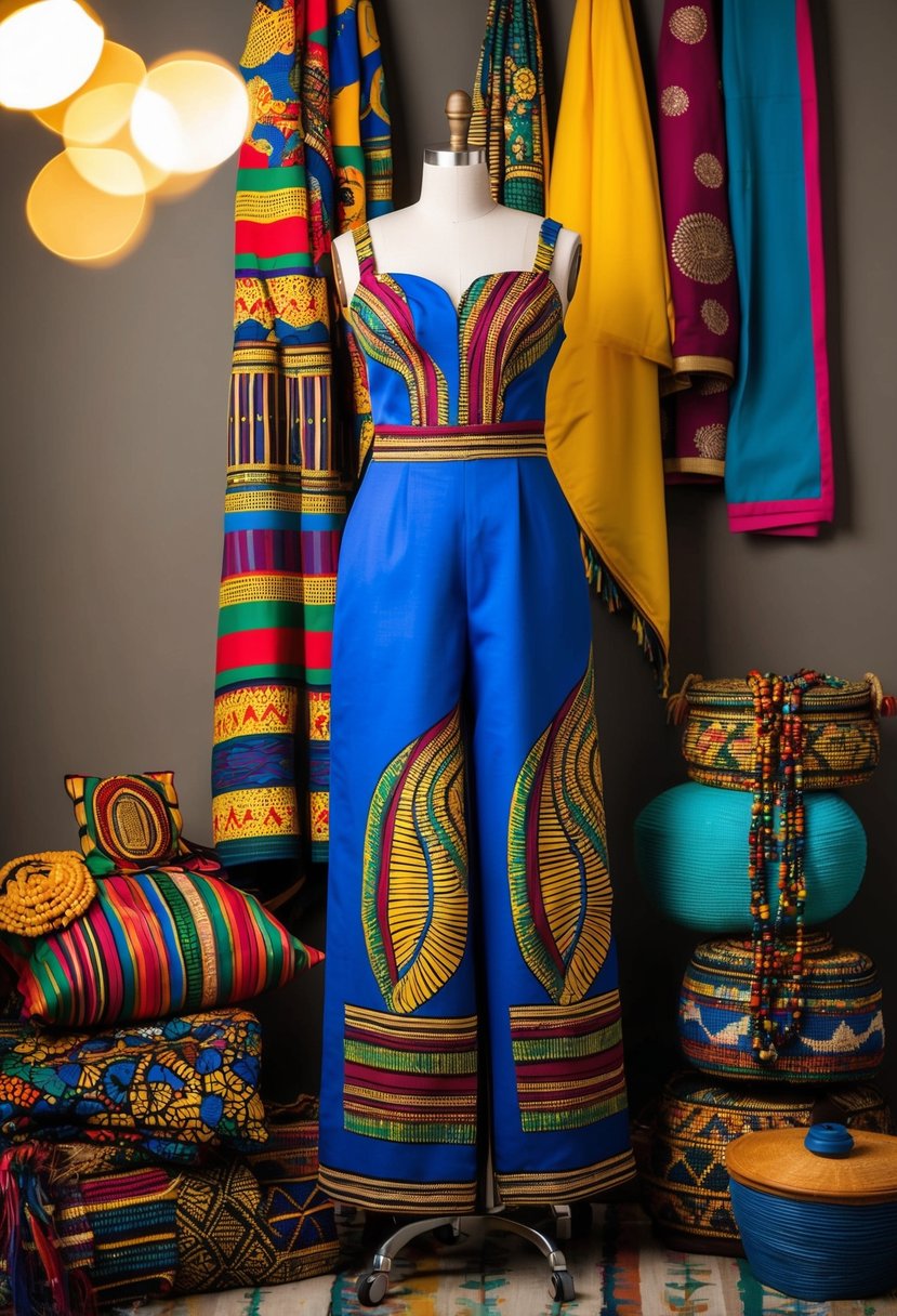 An elegant jumpsuit with vibrant African print hangs on a mannequin, surrounded by colorful textiles and traditional accessories