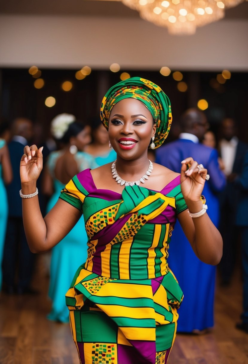 A woman in a vibrant Kente dress dances at an African wedding