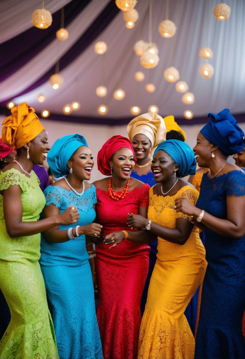 A group of women in vibrant Asoebi lace dresses gather at a joyous African wedding, sharing laughter and dancing in celebration