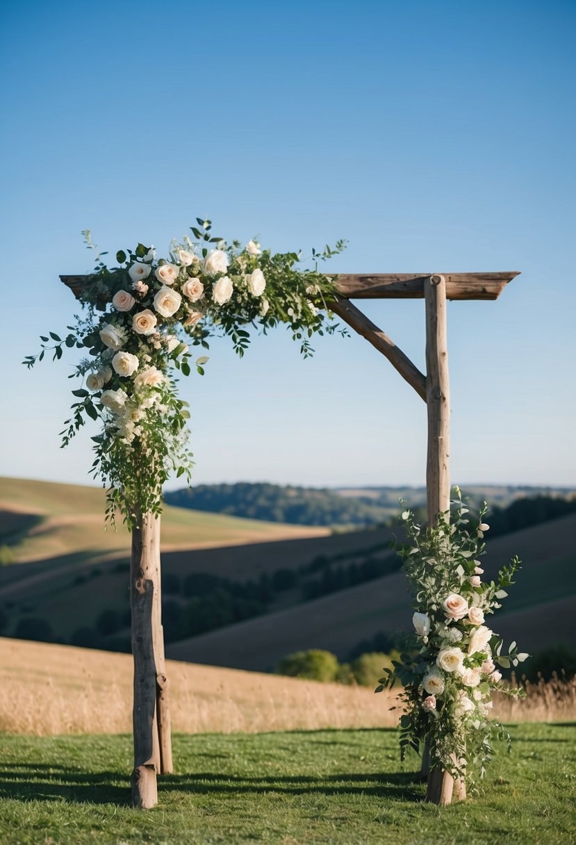 A rustic wooden wedding arch adorned with fresh flowers and greenery, set against a backdrop of rolling hills and a clear blue sky