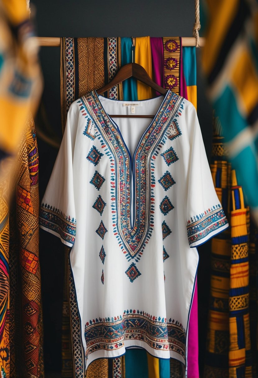 A chic kaftan with intricate embroidery hangs on a wooden hanger, surrounded by vibrant African-inspired patterns and textiles