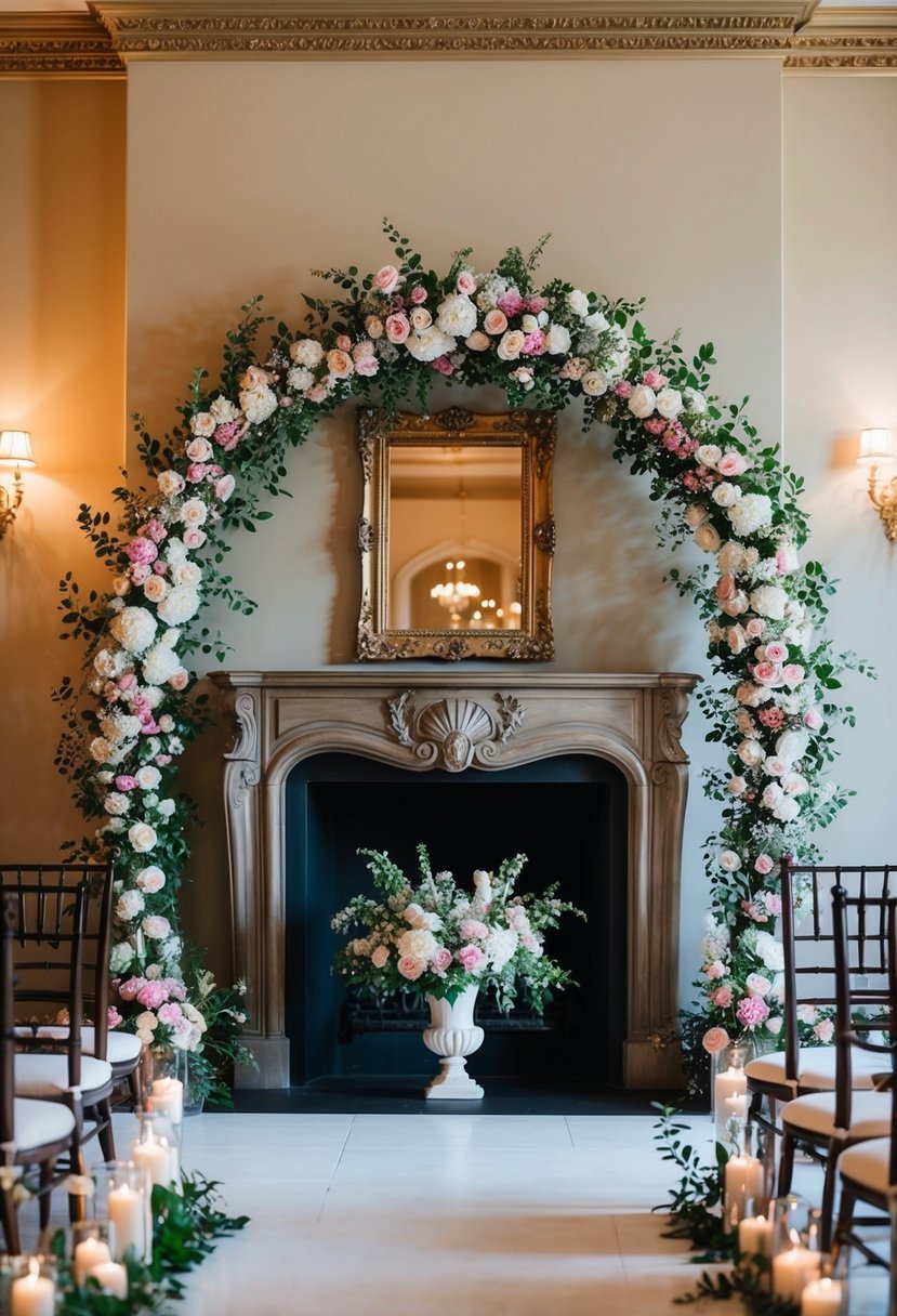 An ornate fireplace arch adorned with blooming floral frames for a wedding ceremony