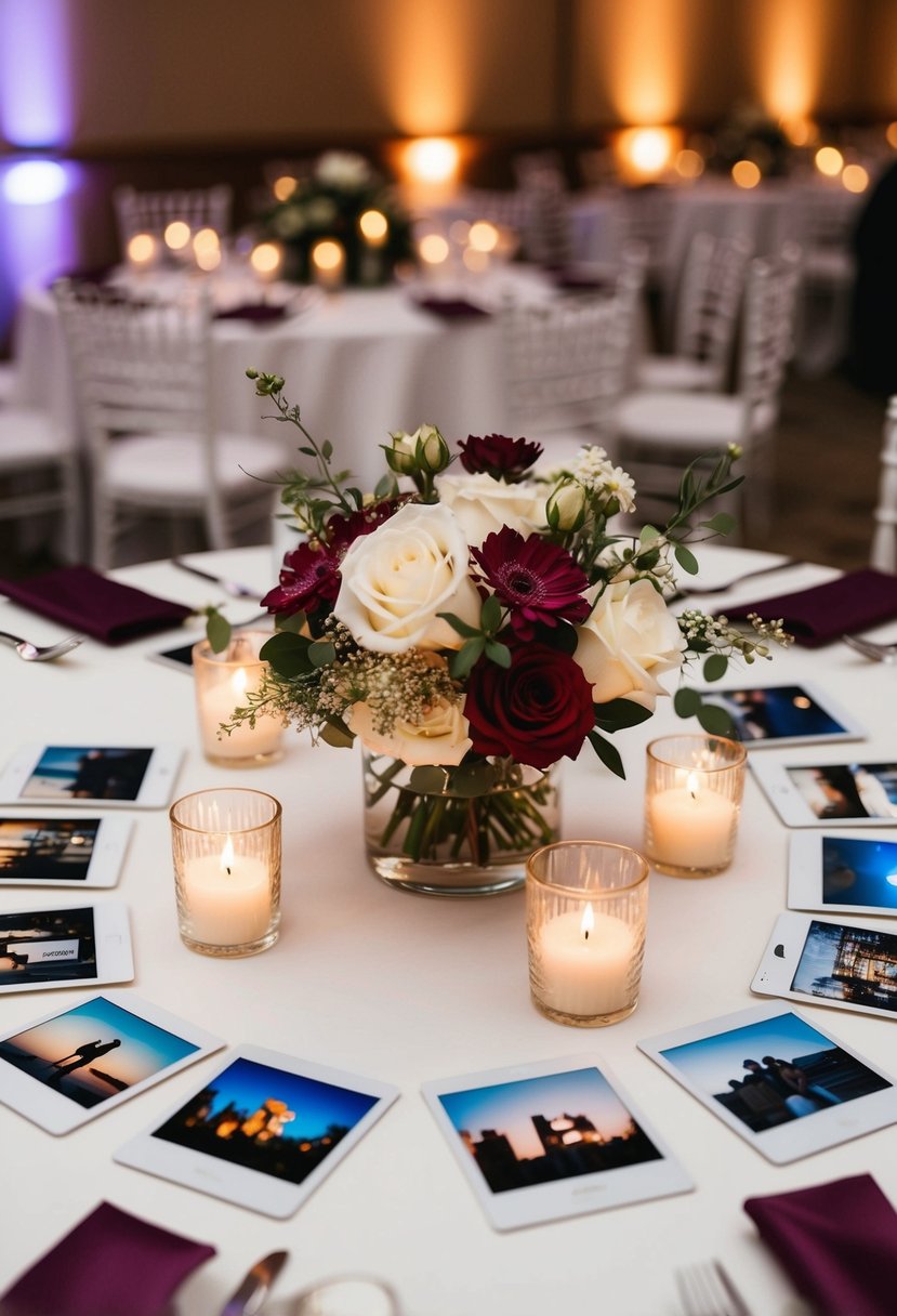 A table adorned with polaroid snapshots, flowers, and candles at a wedding reception