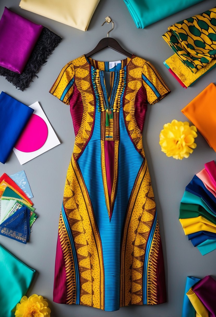 A vibrant wax print midi dress hangs on a hanger, surrounded by colorful fabric swatches and accessories