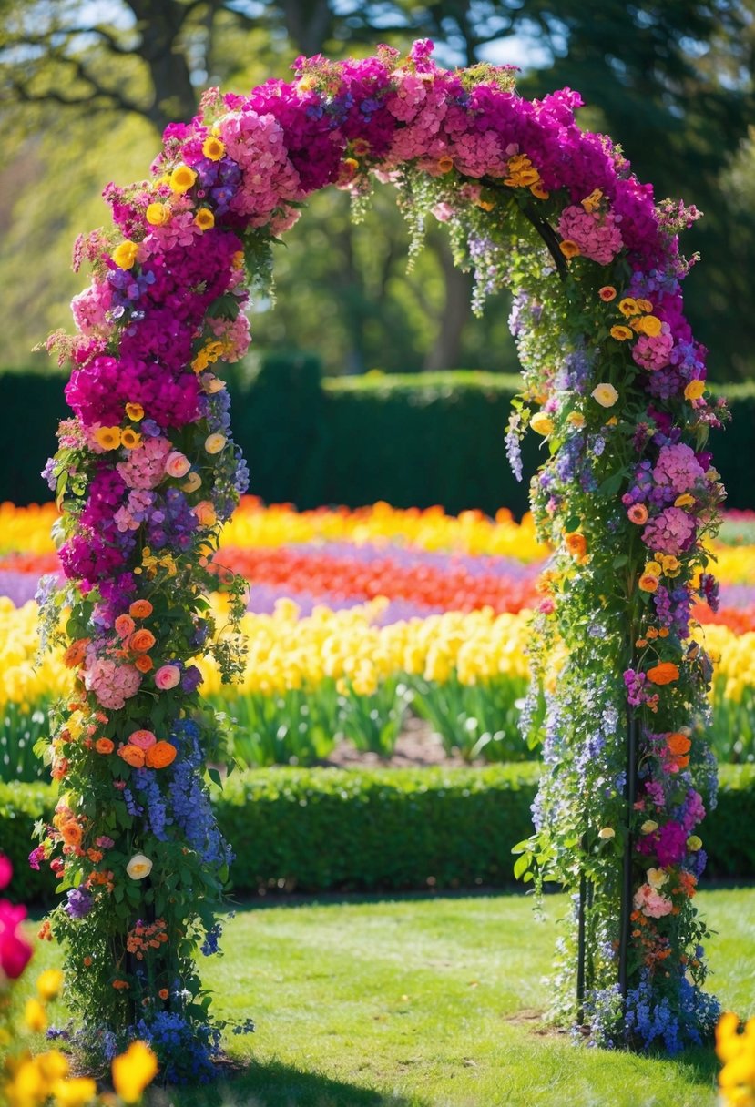 A vibrant floral-covered arch stands in a sun-drenched garden, with colorful blooms cascading down the sides, creating a stunning springtime display