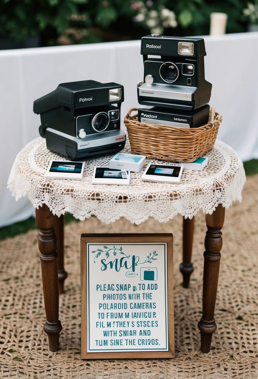 A vintage wooden table adorned with a lace tablecloth holds a stack of Polaroid cameras, a basket of film, and a decorative sign inviting guests to snap and add photos