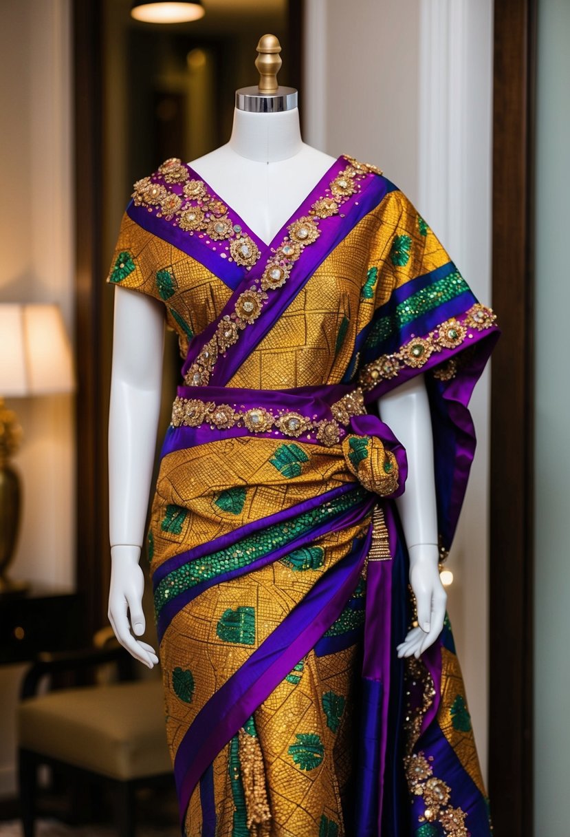 A lavish brocade buba and wrapper in vibrant colors, adorned with intricate patterns and gold embellishments, draped over a mannequin in a well-lit, elegant setting