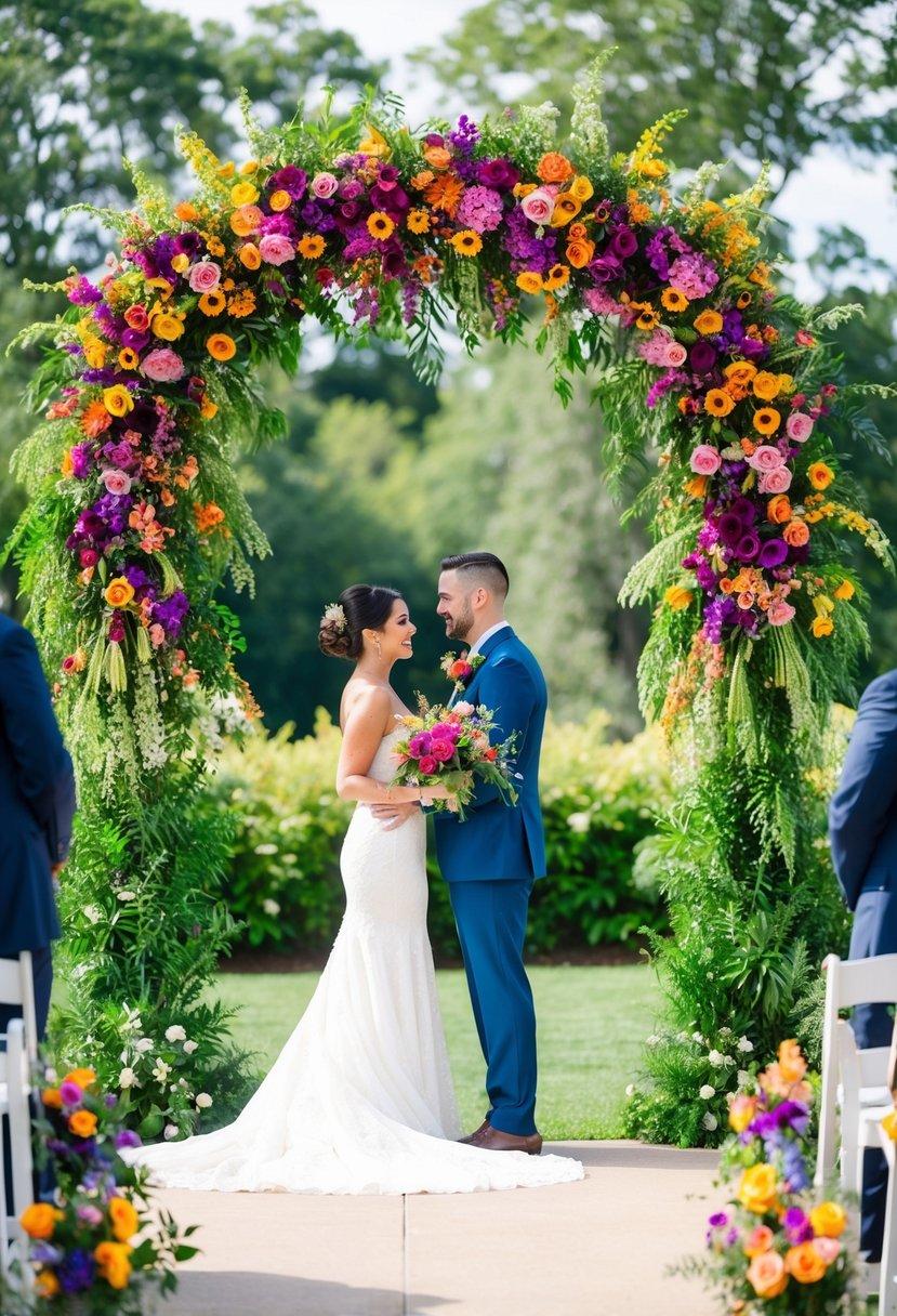 A vibrant, floral-covered arch stands as a stunning focal point at a wedding ceremony, with bold colors and lush greenery creating a showstopping display