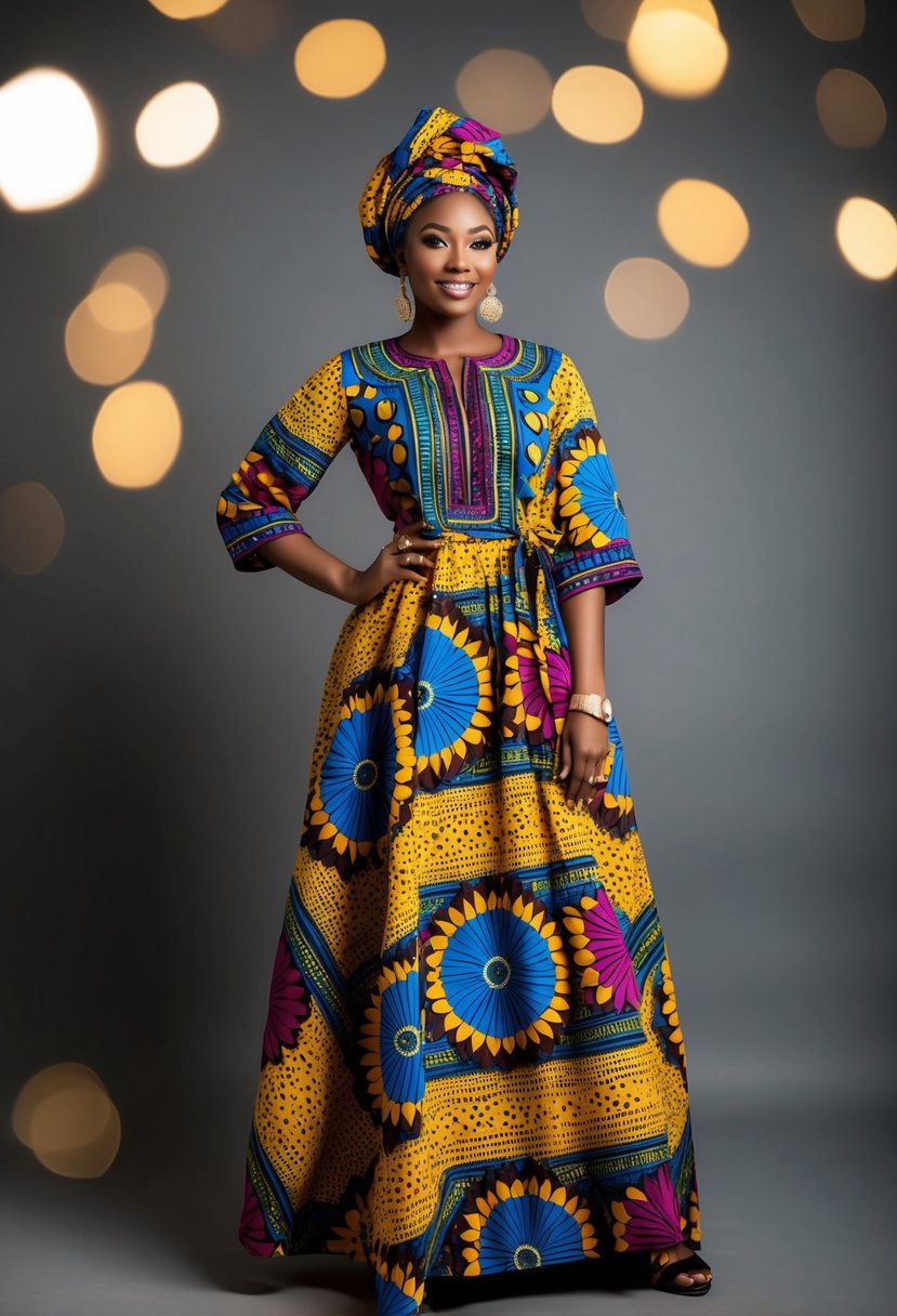 A vibrant floral dashiki-inspired maxi dress with bold colors and intricate patterns, paired with statement accessories and traditional headwrap