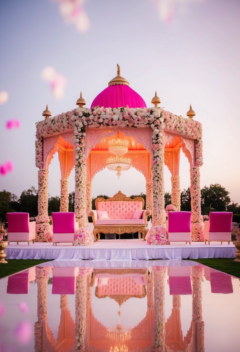 A grand mandap adorned with a pink palette, floral arches, and intricate details for a wedding celebration