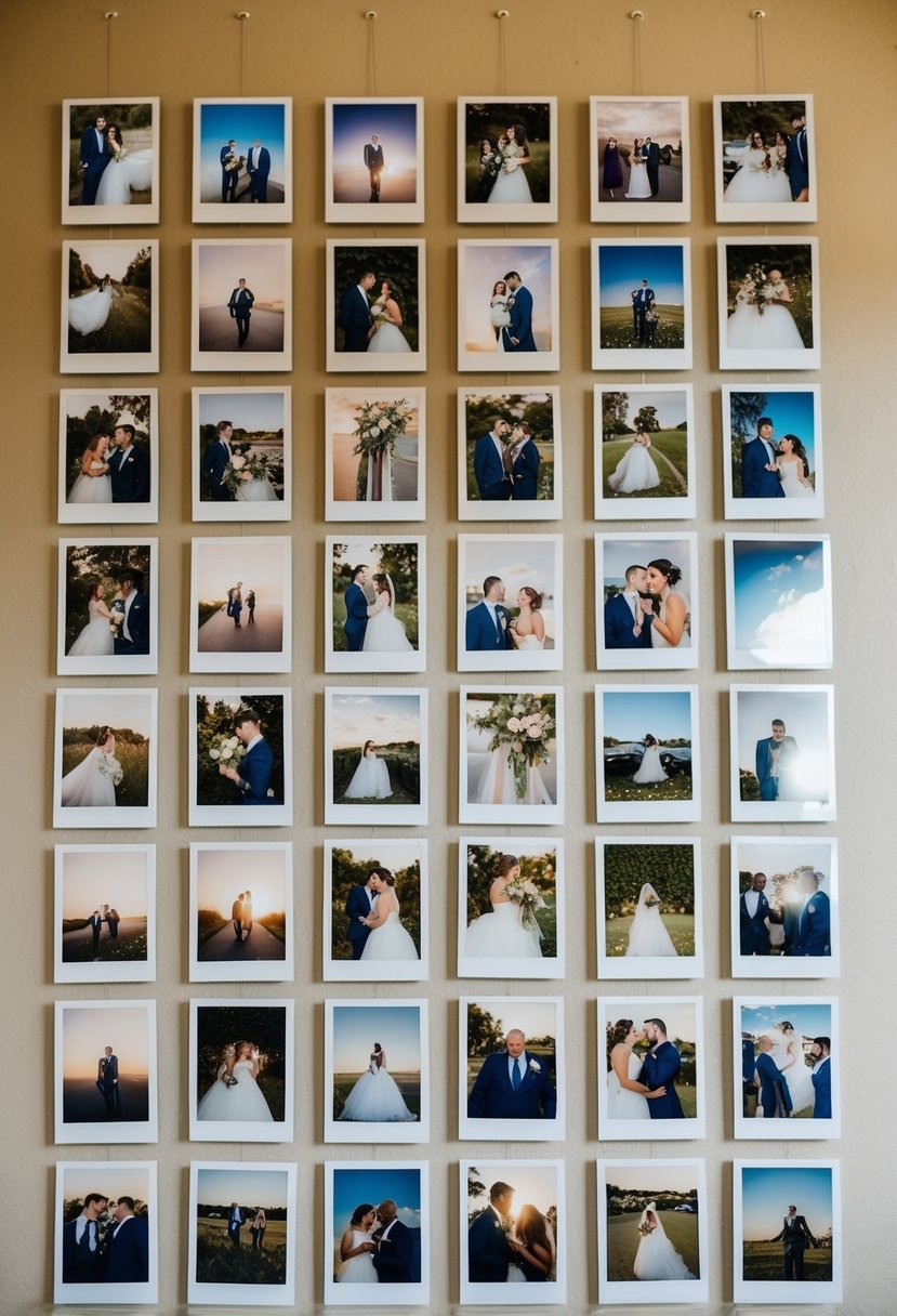 A collection of Polaroid pictures arranged in a creative and unique display on a wall, capturing special moments from a wedding day