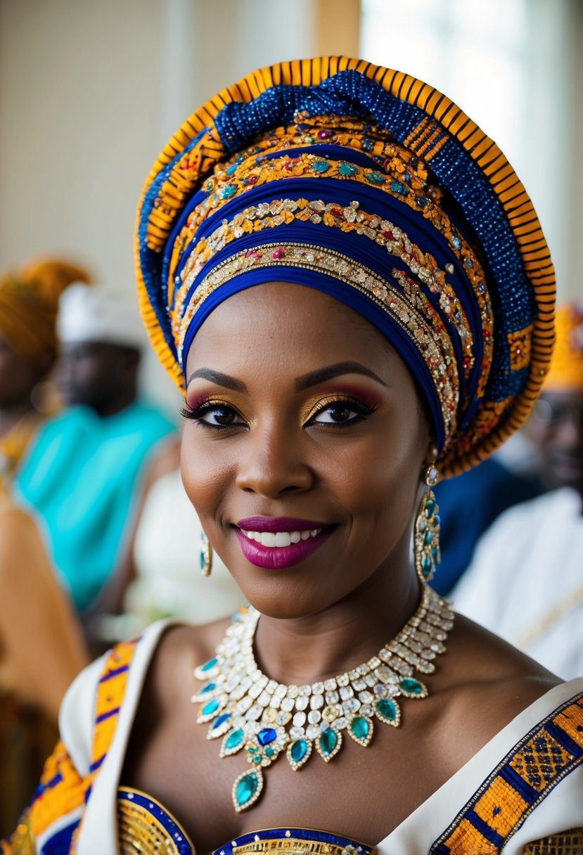 A woman wearing a vibrant, embellished gele turban headwrap at an African wedding, with colorful patterns and intricate designs