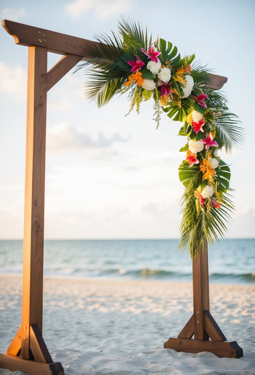 A wooden wedding arch adorned with tropical flowers and greenery, set against a backdrop of a sandy beach and the ocean