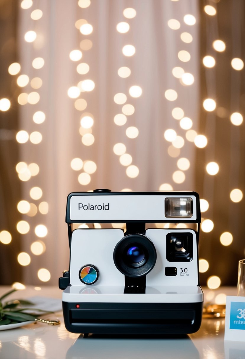 A retro-inspired Polaroid photo booth area at the wedding reception, complete with a vintage camera, props, and a backdrop of twinkling lights