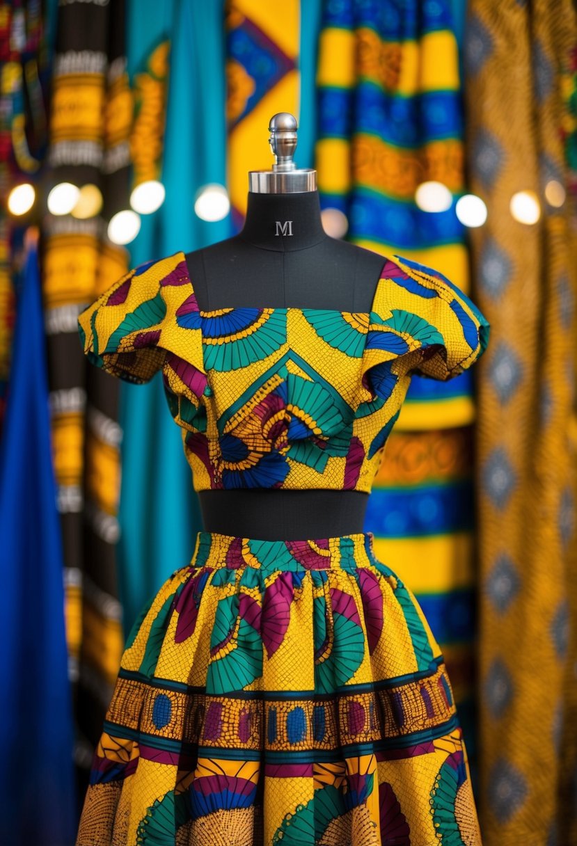 Ankara skirt and blouse set displayed on a mannequin, vibrant colors and intricate patterns, against a backdrop of traditional African textiles