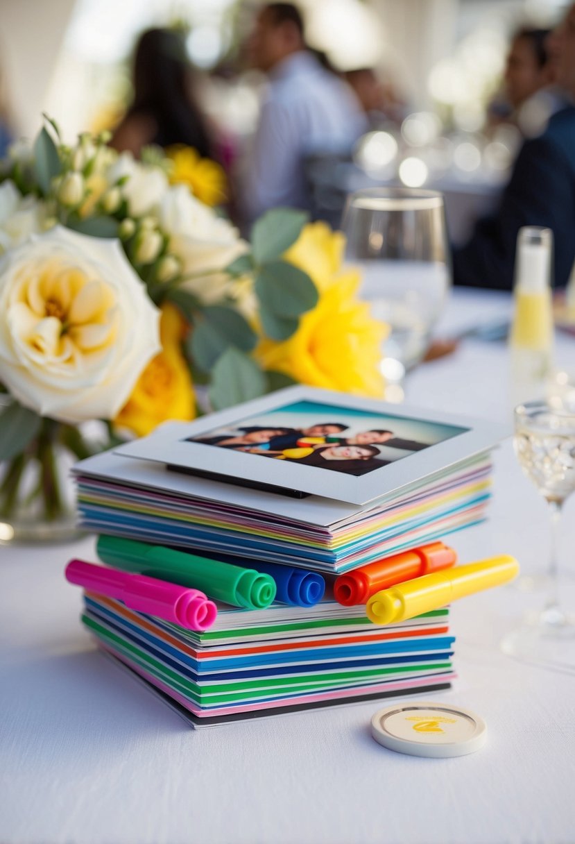 Colorful markers sit next to a stack of Polaroid pictures, ready for guests to write notes at a wedding reception